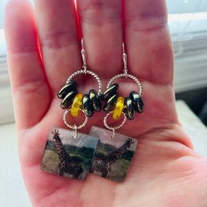 Handmade Printed Giraffe Shell Pierced Leverback Dangle Earrings